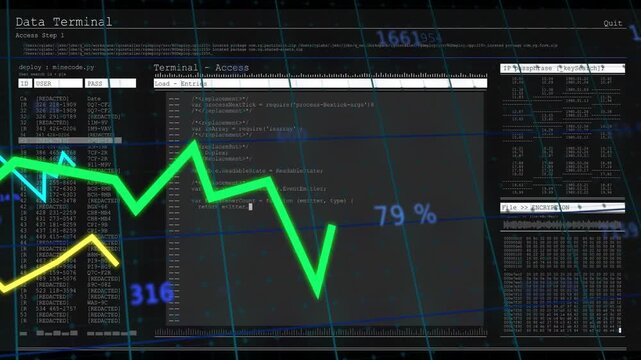 Data Terminal reveal showing central UI updating panels, logs flowing, graphs moving for metrics