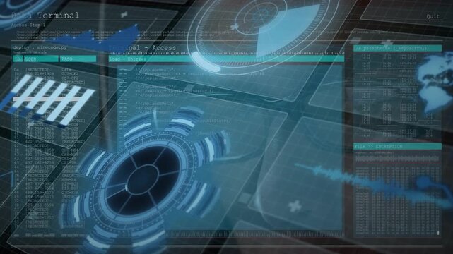 HUD projecting over grid on boot, showing faint tech user face while dial rotating, chart updating