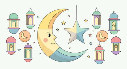 Obraz premium Crescent moon character with star lantern and Ramadan lamps illustration for Eid Mubarak celebrations in soft pastel colors