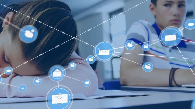 Front student reacting to envelope appearing and resting head in education, network overlaying head