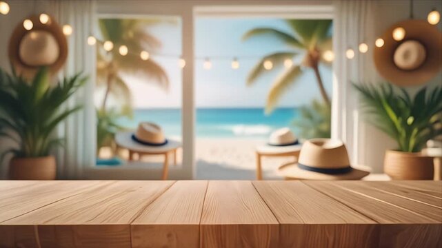 Serene beachside retreat with wooden table and tropical decor