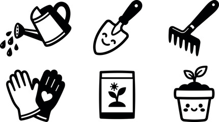 Fototapeta premium Hand drawn black gardening icon set watering can trowel rake gloves seed packet potted plant flat vector minimalist ink style