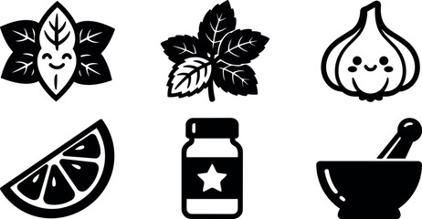 Naklejka premium Flat design spice and herb icon set close up top view garlic lemon jar mortar pestle basil leaf mint vector