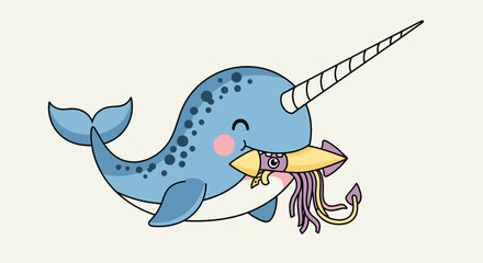 Cute cartoon narwhal eating squid vector illustration  adorable sea creature with tusk holding prey in mouth against simple background © Muhammad