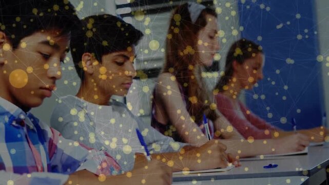 Students writing with blue pens in class, gold nodes drifting as camera moving closer for learning