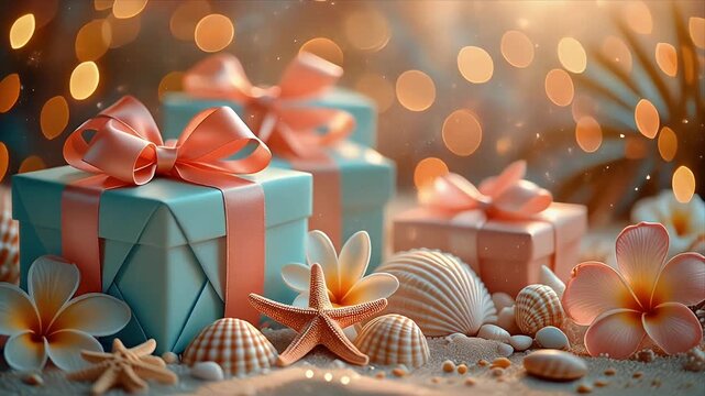Beautiful beach gift boxes with seashells and flowers