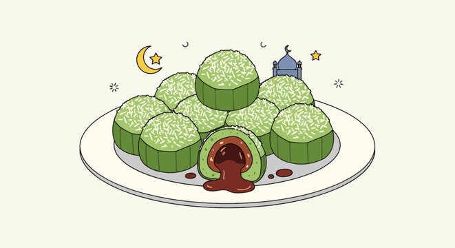 Delicious kueh koci dessert balls with melted chocolate on a plate illustration style festive food treat for iftar eid celebration