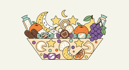 Fototapeta premium Festive assortment of sweets and fruits in a vector illustration style evoking Ramadan celebration featuring stars and moons in pastel colors