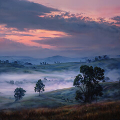Naklejka premium Misty Valley at Dawn Watercolor Landscape Illustration