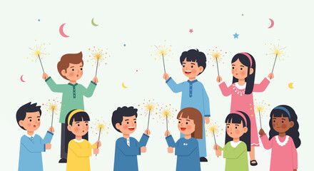 Fototapeta premium Group of happy kids celebrating Eid or other festive occasion holding sparklers wearing traditional clothing cartoon illustration