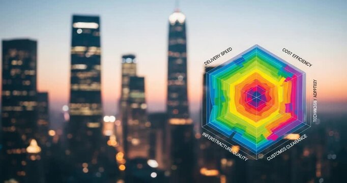 Cityscape with colorful heatmap graphic.