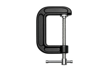 Black C-clamp tool isolated on a white background, ready for use in workshops