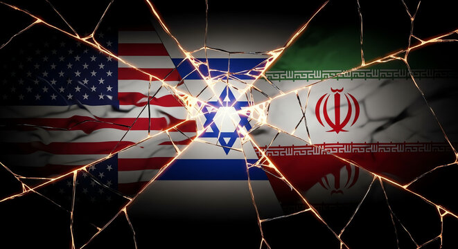 Tension between USA Israel and Iran flags on cracked glass.