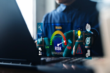 Risk Management Dashboard on Laptop with Business Analytics, Warning and Compliance Icons