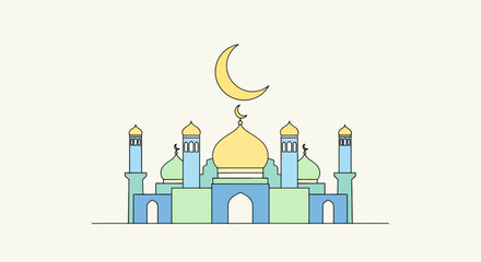 Obraz premium Minimalist mosque illustration with crescent moon in pastel colors; simple Islamic design for Ramadan greeting card and decoration