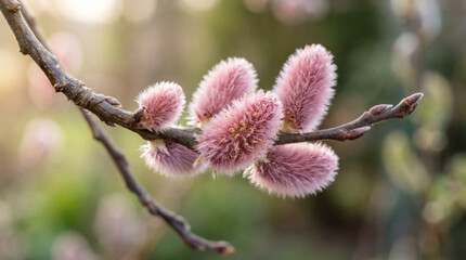 Pink pussy willow catkins on branch close-up