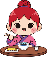 Cute Girl Eating Japanese Food Illustration with Chopsticks, Rice Bowl, and Traditional Meal, Adorable Cartoon Character Dining Concept