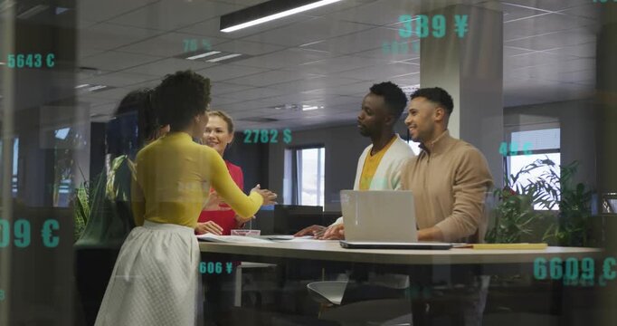 Woman in yellow top reaching to initiate unity hand-stack in office, teal numeric overlays on glass