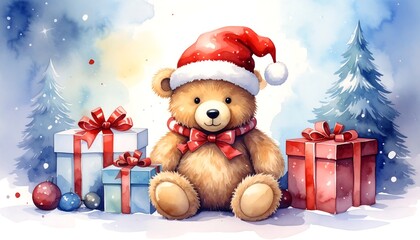Watercolor illustration of a teddy bear wearing a Santa hat surrounded by gifts and snowy trees