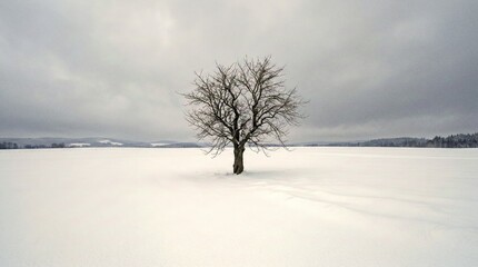 Lonely tree standing in a snowy winter landscape under a cloudy sky.