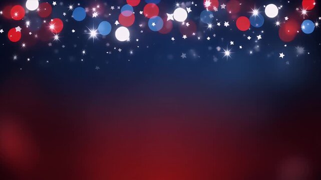 Vibrant patriotic background with red, white, and blue bokeh lights and stars