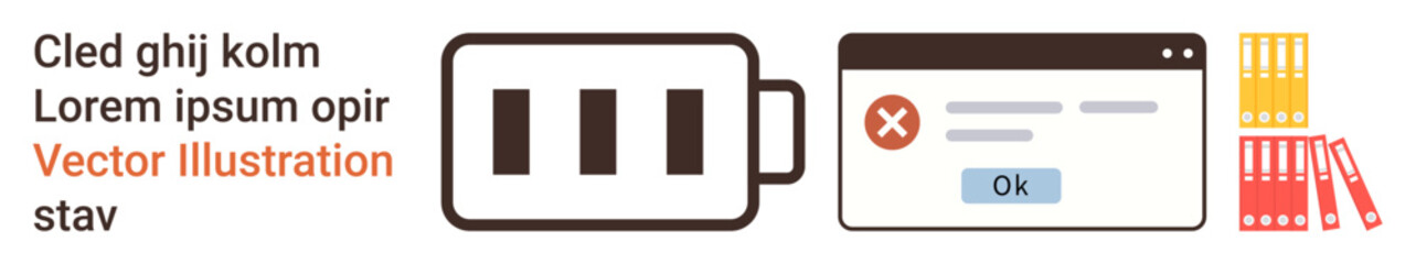 Power management, technology errors, organization, business settings, data management, notifications. Battery icon, error message in browser file folders. Power management and technology errors