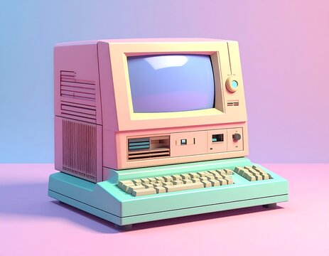 Pastel-colored vintage computer on a gradient background. Retro design aesthetic