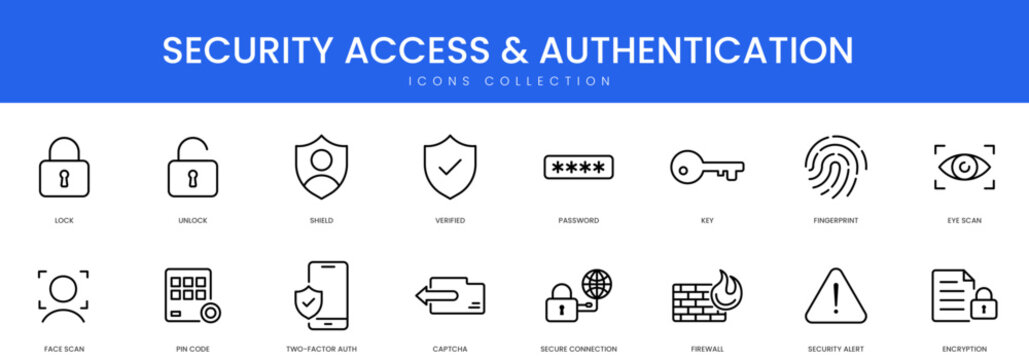 Comprehensive line icons for cybersecurity protocols login access and identity verification