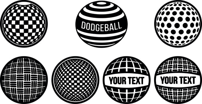 Vintage halftone style close up array of eight patterned dodgeball icons showing checkerboard polka stripe woven textures in high contrast