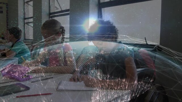 Braided girl and curly child writing classwork while globe overlay brightening, flaring over head