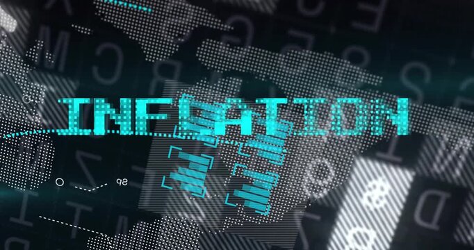 INFLATION title emerging from data pulse shifting, glitching and revealing map, bars to show data