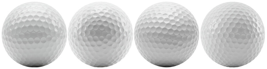 a realistic photograph showcasing four pristine white golf balls arranged in a neat horizontal row on a contrasting transparent background, ideal for sports or leisure themes.