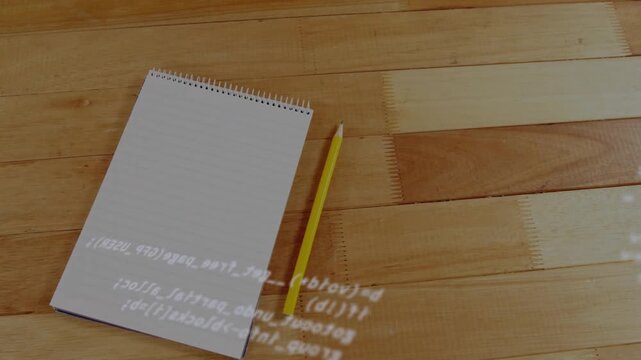 Code overlay appearing top-left and scrolling over pad, pad and pencil staying still showing data