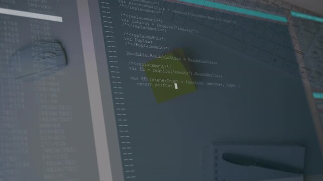 Yellow sticky notes staying visible as faint code overlay sliding in from left, showing live code