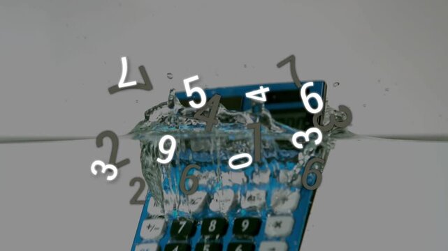 Teal calculator dropping from top, striking water and splashing digits to show data flow