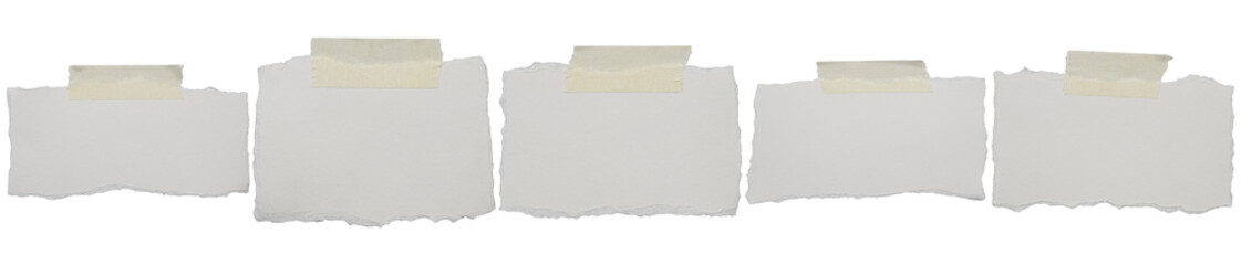 Fototapeta premium set of five isolated pieces of blank white ripped paper with masking tape, perfect for custom text or photos.