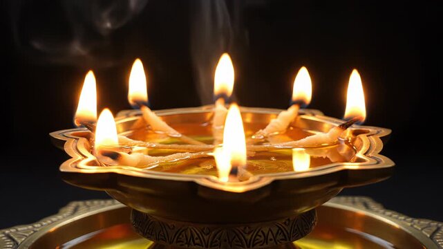 Traditional Indian Oil Lamp With Seven Flames Lit in a Dark Room Creating a Warm Ambiance of Peace and Spirituality