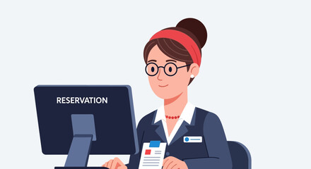 A Friendly Receptionist Working at a Computer with Reservation Information
