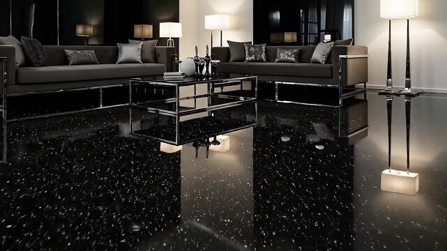 Luxurious Modern Living Room With Sleek Black Terrazzo Floor Reflecting Soft Ambient Light From Contemporary Lamps and Furniture