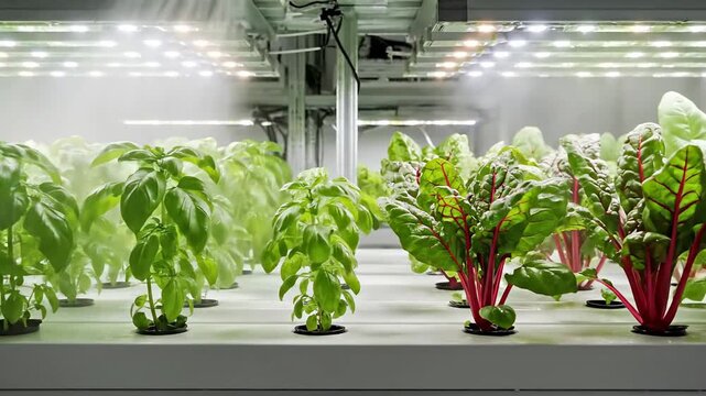 Rows Of Lush Green Hydroponic Lettuce And Red Chard Plants Under Bright LED Grow Lights In A Modern Indoor Vertical Farm With Automated Misting