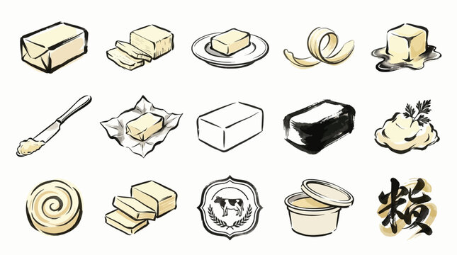 A collection of artistic illustrations depicting various forms and presentations of butter, including blocks, swirls, and spreadable varieties.