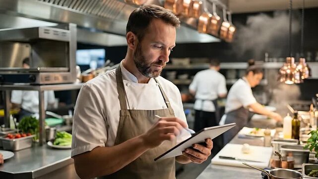 Chef In Kitchen Using Tablet With Staff Preparing Food In Background Professional Environment