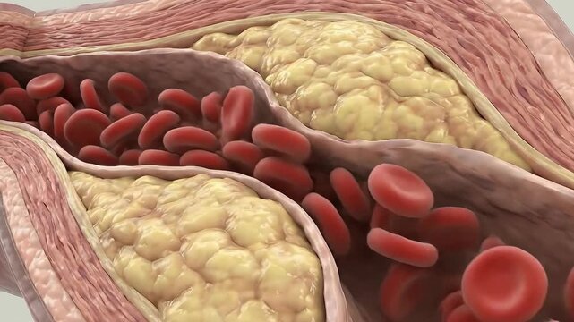 Close up Cross Section Of Artery Showing Red Blood Cells Flowing Past Plaque Buildup