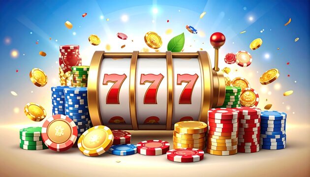 Vibrant casino slot machine with lucky sevens, colorful poker chips, and shining golden coins, symbolizing the thrilling excitement of fortune and big wins