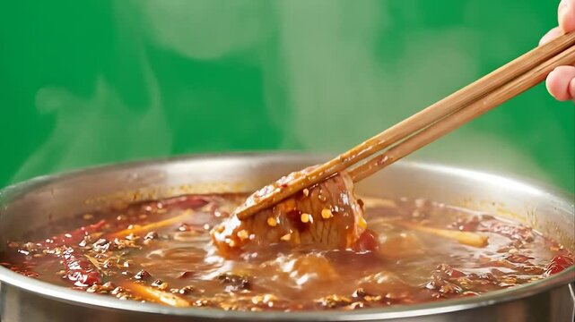 Close up of a slice of marinated raw beef being dipped into a bubbling hot pot filled with a spicy broth and red chili peppers on a vibrant green