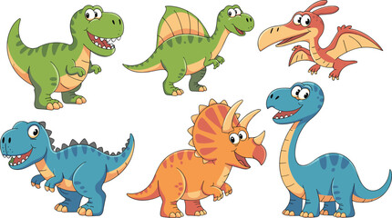 Cartoon dinosaurs including Tyrannosaurus rex, Spinosaurus, Pteranodon, Stegosaurus, Triceratops, and Brachiosaurus, colorful educational illustration  © Rasidul