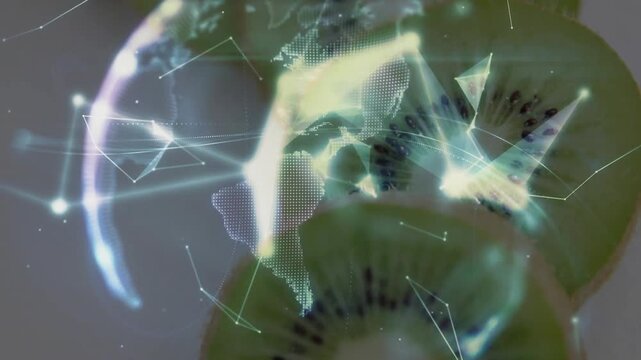 Drifting node net sparking 3D globe forming above kiwi slices hand rising globe rotating to demo