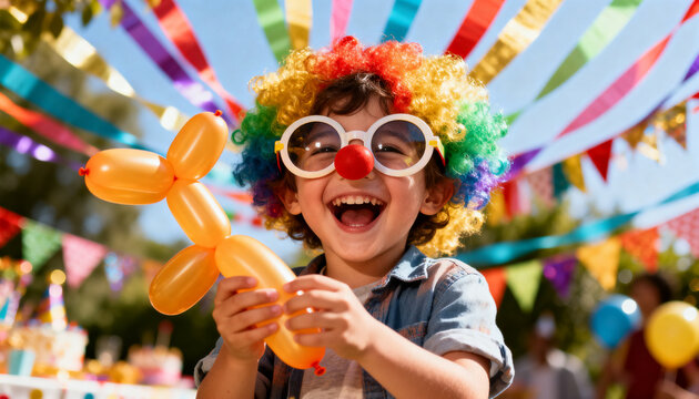 Excited young boy clown holding balloon animal at outdoor birthday party