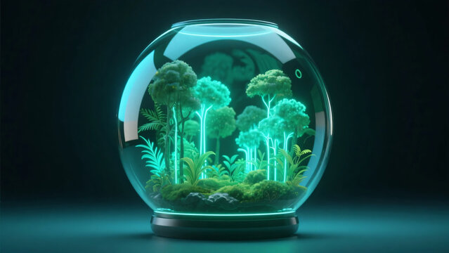 ガラスの球体の中に閉じ込められた緑色に発光するネオン風の森の画像