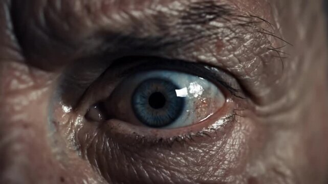 Close-up of an elderly person's blue eye with wrinkles.